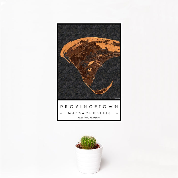 12x18 Provincetown Massachusetts Map Print Portrait Orientation in Ember Style With Small Cactus Plant in White Planter