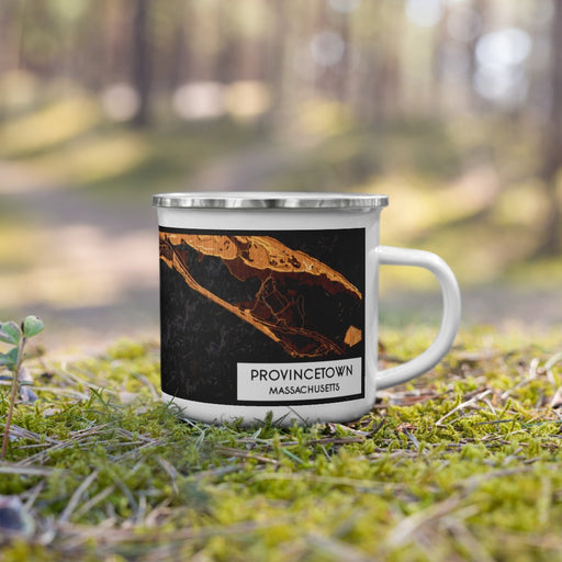 Right View Custom Provincetown Massachusetts Map Enamel Mug in Ember on Grass With Trees in Background