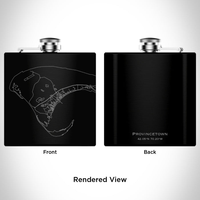 Rendered View of Provincetown Massachusetts Map Engraving on 6oz Stainless Steel Flask in Black