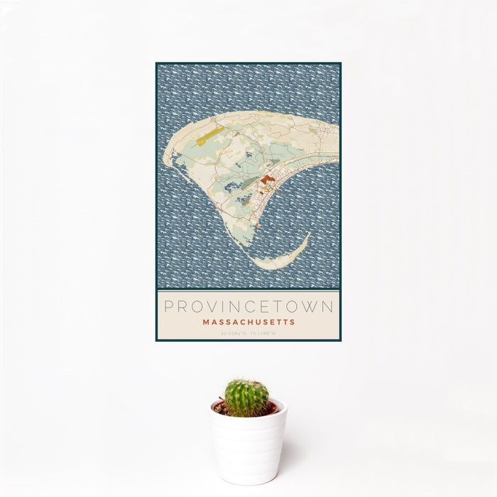 12x18 Provincetown Massachusetts Map Print Portrait Orientation in Woodblock Style With Small Cactus Plant in White Planter