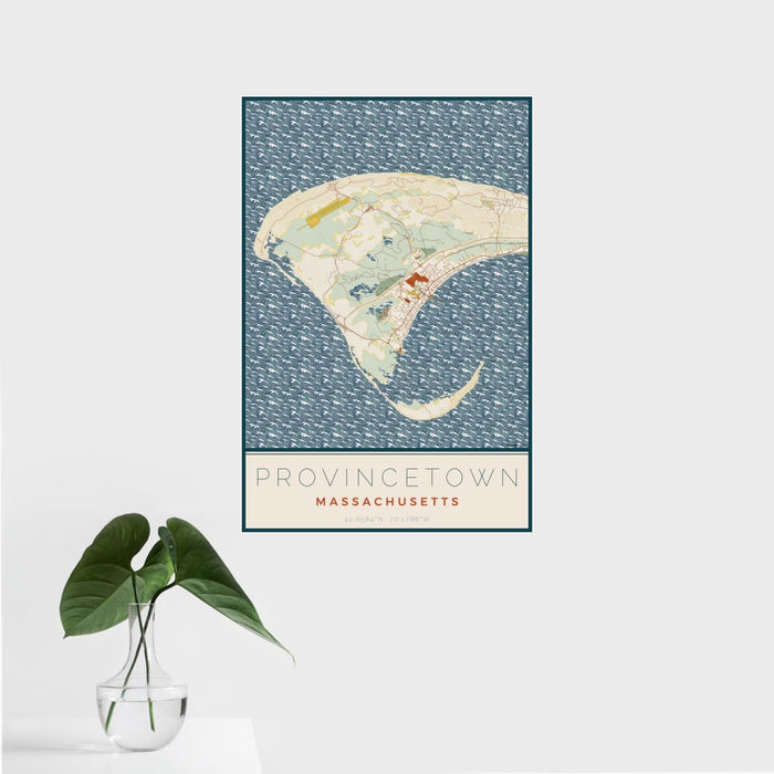 16x24 Provincetown Massachusetts Map Print Portrait Orientation in Woodblock Style With Tropical Plant Leaves in Water