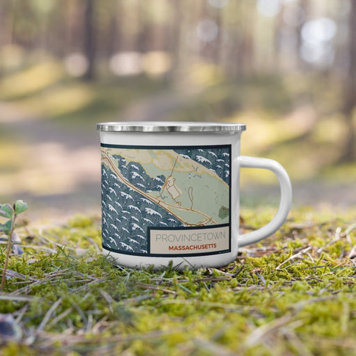 Right View Custom Provincetown Massachusetts Map Enamel Mug in Woodblock on Grass With Trees in Background