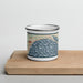Front View Custom Provincetown Massachusetts Map Enamel Mug in Woodblock on Cutting Board