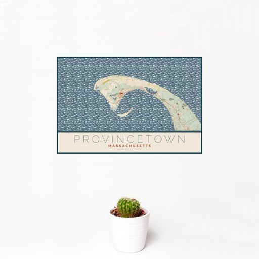 12x18 Provincetown Massachusetts Map Print Landscape Orientation in Woodblock Style With Small Cactus Plant in White Planter