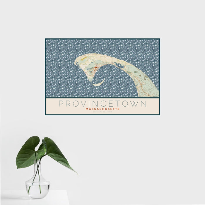 16x24 Provincetown Massachusetts Map Print Landscape Orientation in Woodblock Style With Tropical Plant Leaves in Water