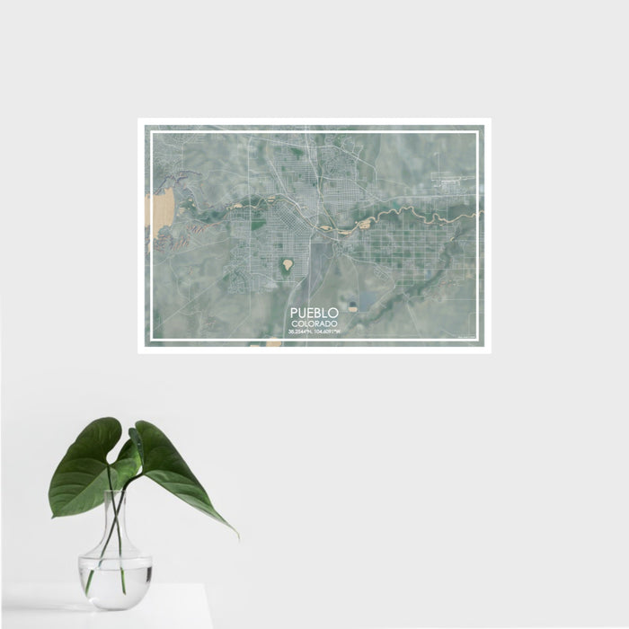 16x24 Pueblo Colorado Map Print Landscape Orientation in Afternoon Style With Tropical Plant Leaves in Water