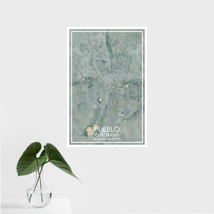 16x24 Pueblo Colorado Map Print Portrait Orientation in Afternoon Style With Tropical Plant Leaves in Water