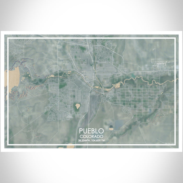 Pueblo Colorado Map Print Landscape Orientation in Afternoon Style With Shaded Background