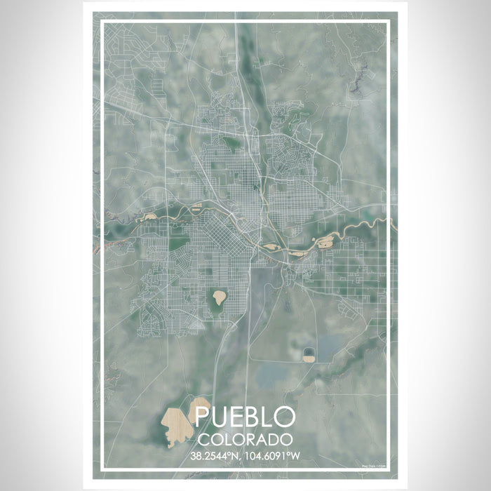 Pueblo Colorado Map Print Portrait Orientation in Afternoon Style With Shaded Background