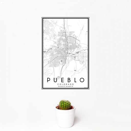 12x18 Pueblo Colorado Map Print Portrait Orientation in Classic Style With Small Cactus Plant in White Planter