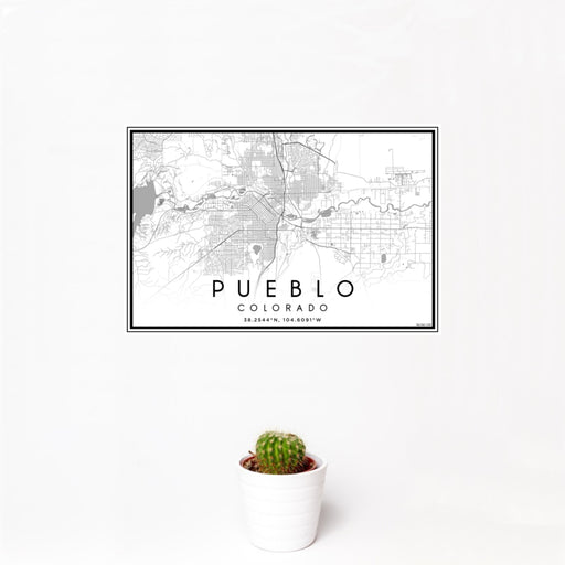 12x18 Pueblo Colorado Map Print Landscape Orientation in Classic Style With Small Cactus Plant in White Planter