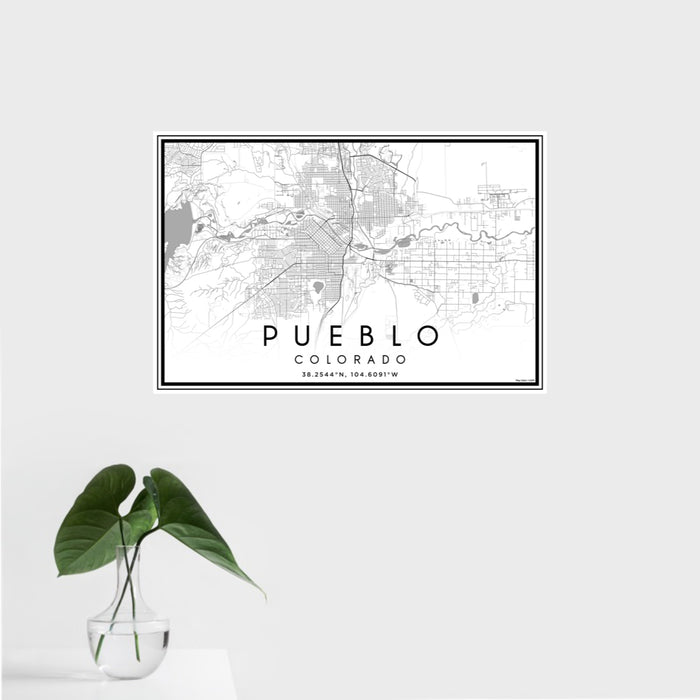 16x24 Pueblo Colorado Map Print Landscape Orientation in Classic Style With Tropical Plant Leaves in Water