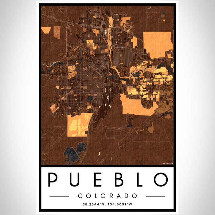 Pueblo Colorado Map Print Portrait Orientation in Ember Style With Shaded Background