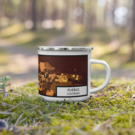 Right View Custom Pueblo Colorado Map Enamel Mug in Ember on Grass With Trees in Background
