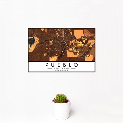 12x18 Pueblo Colorado Map Print Landscape Orientation in Ember Style With Small Cactus Plant in White Planter