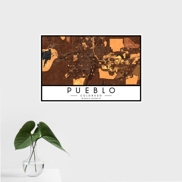 16x24 Pueblo Colorado Map Print Landscape Orientation in Ember Style With Tropical Plant Leaves in Water