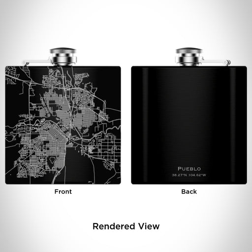 Rendered View of Pueblo Colorado Map Engraving on 6oz Stainless Steel Flask in Black
