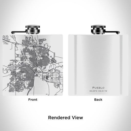 Rendered View of Pueblo Colorado Map Engraving on 6oz Stainless Steel Flask in White