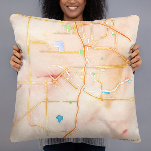 Person holding 22x22 Custom Pueblo Colorado Map Throw Pillow in Watercolor