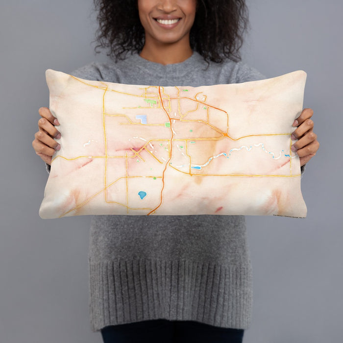 Person holding 20x12 Custom Pueblo Colorado Map Throw Pillow in Watercolor