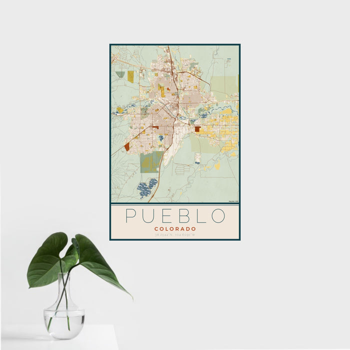16x24 Pueblo Colorado Map Print Portrait Orientation in Woodblock Style With Tropical Plant Leaves in Water