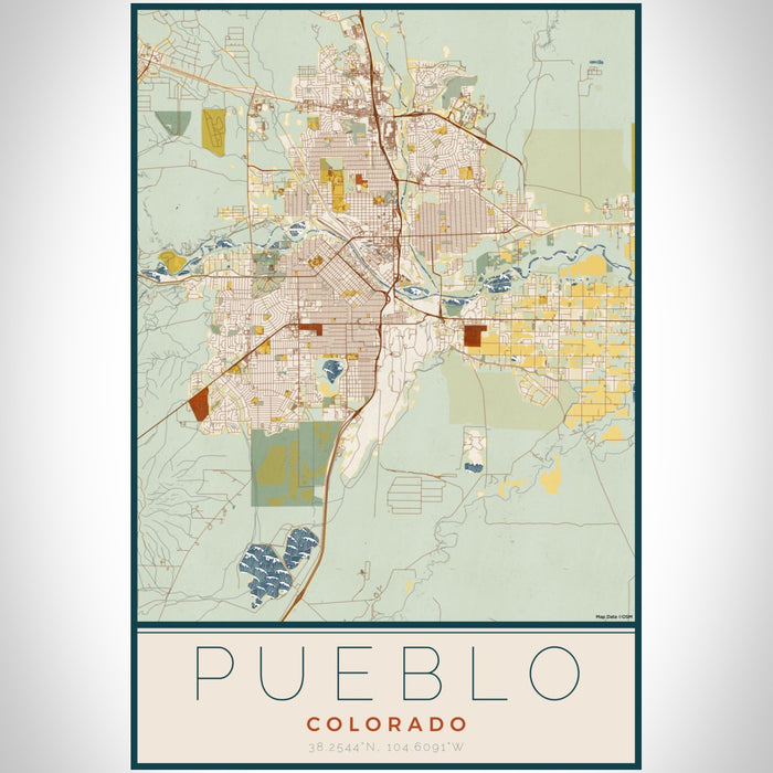 Pueblo Colorado Map Print Portrait Orientation in Woodblock Style With Shaded Background
