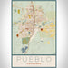 Pueblo Colorado Map Print Portrait Orientation in Woodblock Style With Shaded Background