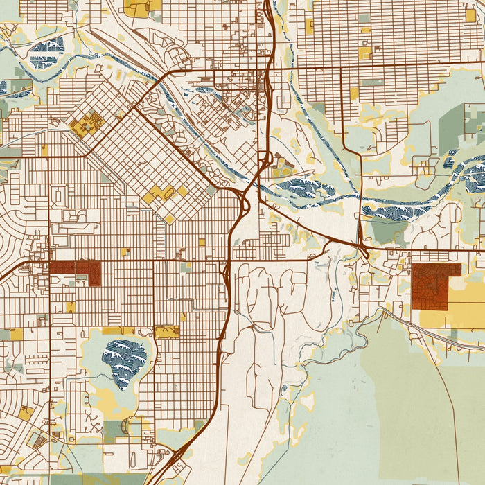 Pueblo Colorado Map Print in Woodblock Style Zoomed In Close Up Showing Details