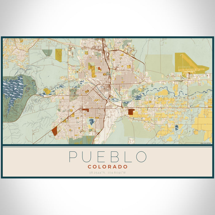 Pueblo Colorado Map Print Landscape Orientation in Woodblock Style With Shaded Background