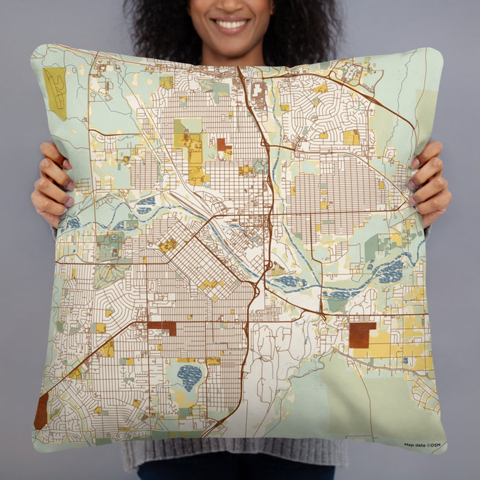 Person holding 22x22 Custom Pueblo Colorado Map Throw Pillow in Woodblock