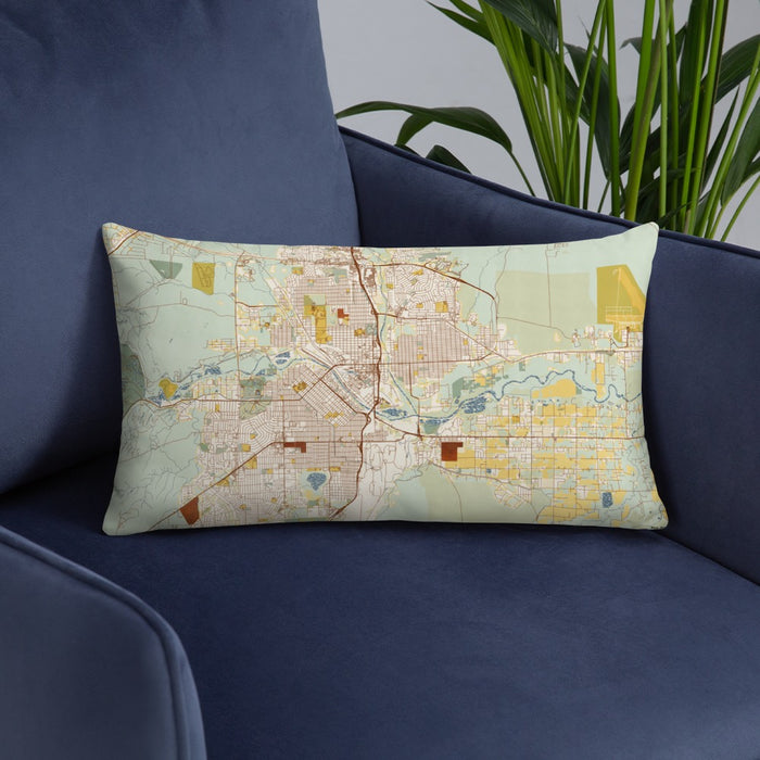 Custom Pueblo Colorado Map Throw Pillow in Woodblock on Blue Colored Chair