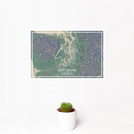 12x18 Puget Sound Washington Map Print Landscape Orientation in Afternoon Style With Small Cactus Plant in White Planter