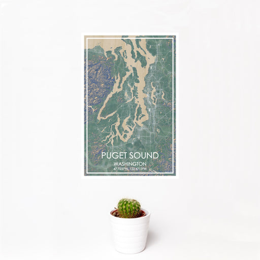 12x18 Puget Sound Washington Map Print Portrait Orientation in Afternoon Style With Small Cactus Plant in White Planter