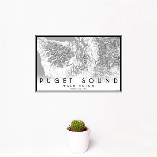 12x18 Puget Sound Washington Map Print Landscape Orientation in Classic Style With Small Cactus Plant in White Planter