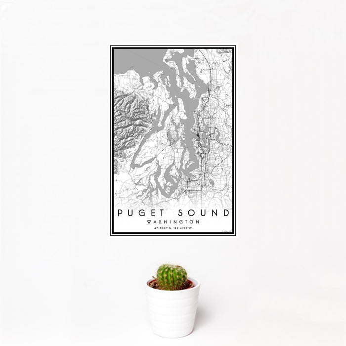 12x18 Puget Sound Washington Map Print Portrait Orientation in Classic Style With Small Cactus Plant in White Planter