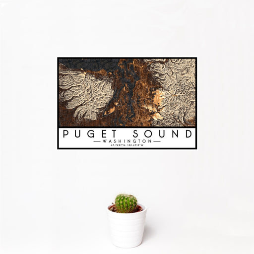 12x18 Puget Sound Washington Map Print Landscape Orientation in Ember Style With Small Cactus Plant in White Planter