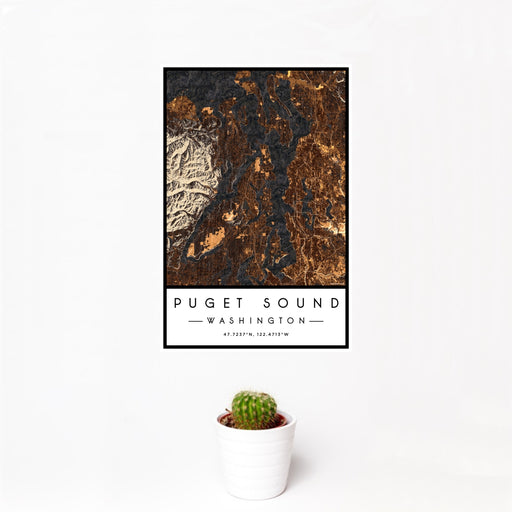 12x18 Puget Sound Washington Map Print Portrait Orientation in Ember Style With Small Cactus Plant in White Planter