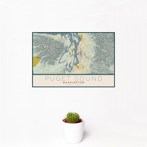 12x18 Puget Sound Washington Map Print Landscape Orientation in Woodblock Style With Small Cactus Plant in White Planter