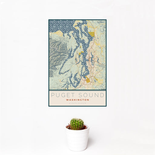 12x18 Puget Sound Washington Map Print Portrait Orientation in Woodblock Style With Small Cactus Plant in White Planter