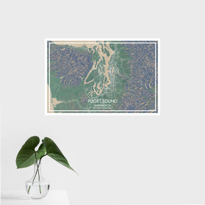 16x24 Puget Sound Washington Map Print Landscape Orientation in Afternoon Style With Tropical Plant Leaves in Water