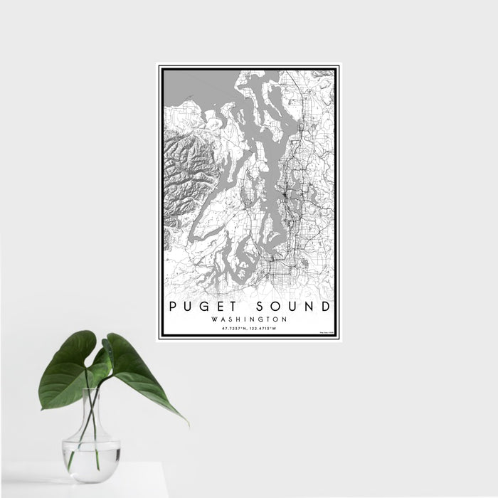16x24 Puget Sound Washington Map Print Portrait Orientation in Classic Style With Tropical Plant Leaves in Water