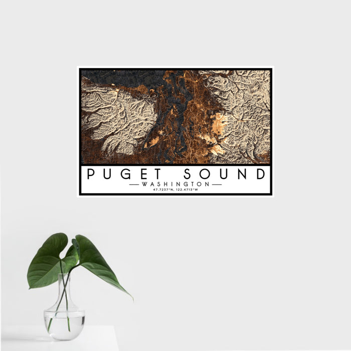 16x24 Puget Sound Washington Map Print Landscape Orientation in Ember Style With Tropical Plant Leaves in Water