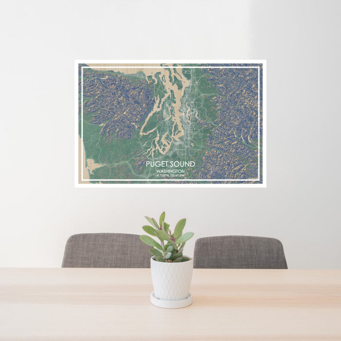 24x36 Puget Sound Washington Map Print Lanscape Orientation in Afternoon Style Behind 2 Chairs Table and Potted Plant