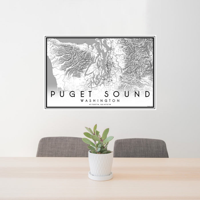 24x36 Puget Sound Washington Map Print Lanscape Orientation in Classic Style Behind 2 Chairs Table and Potted Plant