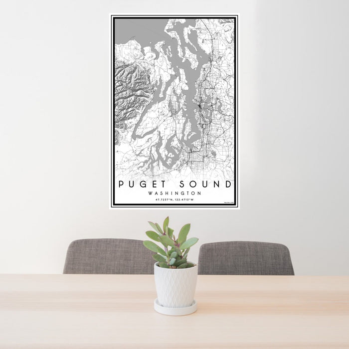 24x36 Puget Sound Washington Map Print Portrait Orientation in Classic Style Behind 2 Chairs Table and Potted Plant