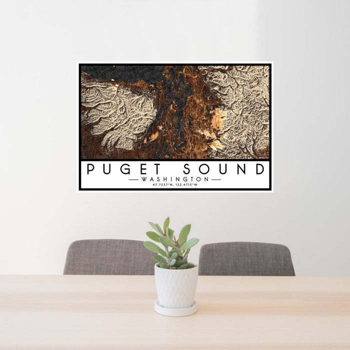 24x36 Puget Sound Washington Map Print Lanscape Orientation in Ember Style Behind 2 Chairs Table and Potted Plant