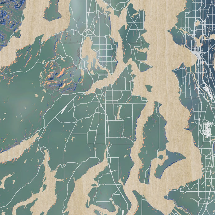 Puget Sound Washington Map Print in Afternoon Style Zoomed In Close Up Showing Details