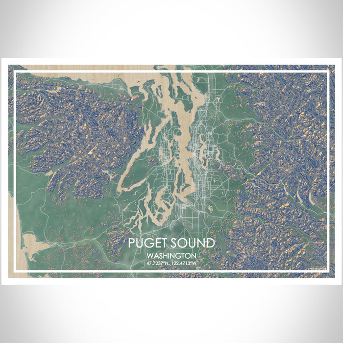 Puget Sound Washington Map Print Landscape Orientation in Afternoon Style With Shaded Background