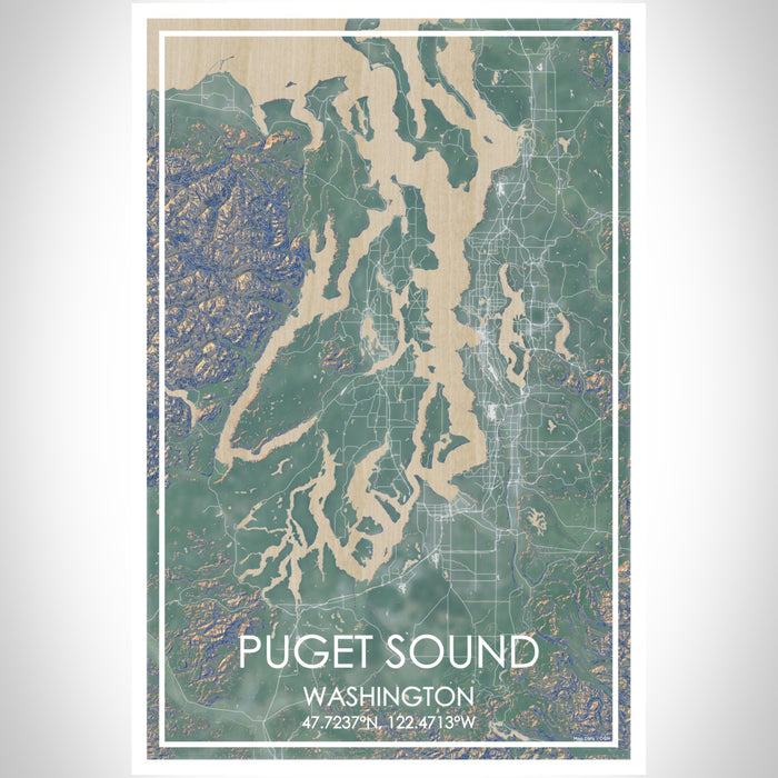 Puget Sound Washington Map Print Portrait Orientation in Afternoon Style With Shaded Background