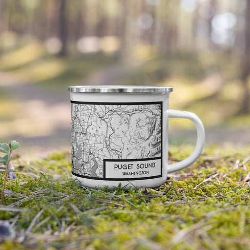Right View Custom Puget Sound Washington Map Enamel Mug in Classic on Grass With Trees in Background